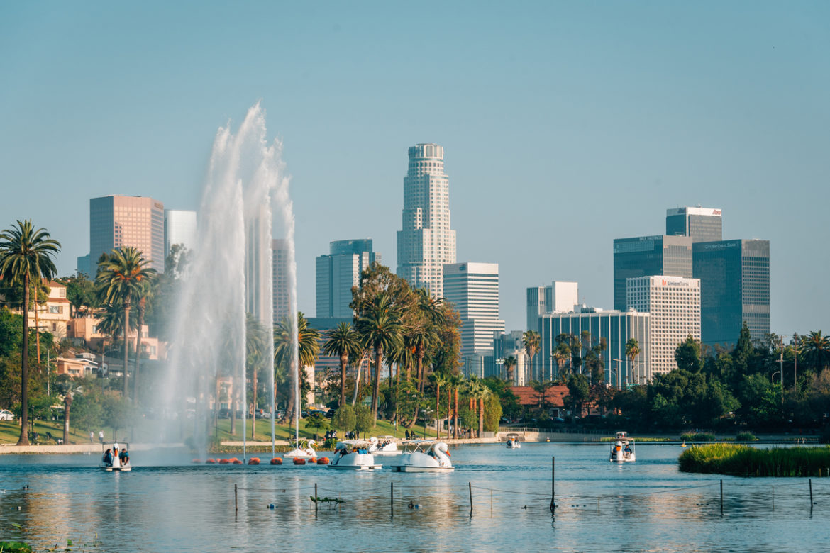 Echo Park Lake and LA city skyline